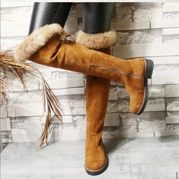 Brown Vegan Suede Faux Fur Lined Over The Knee Knee High Zip Boots - Picture 3 of 8